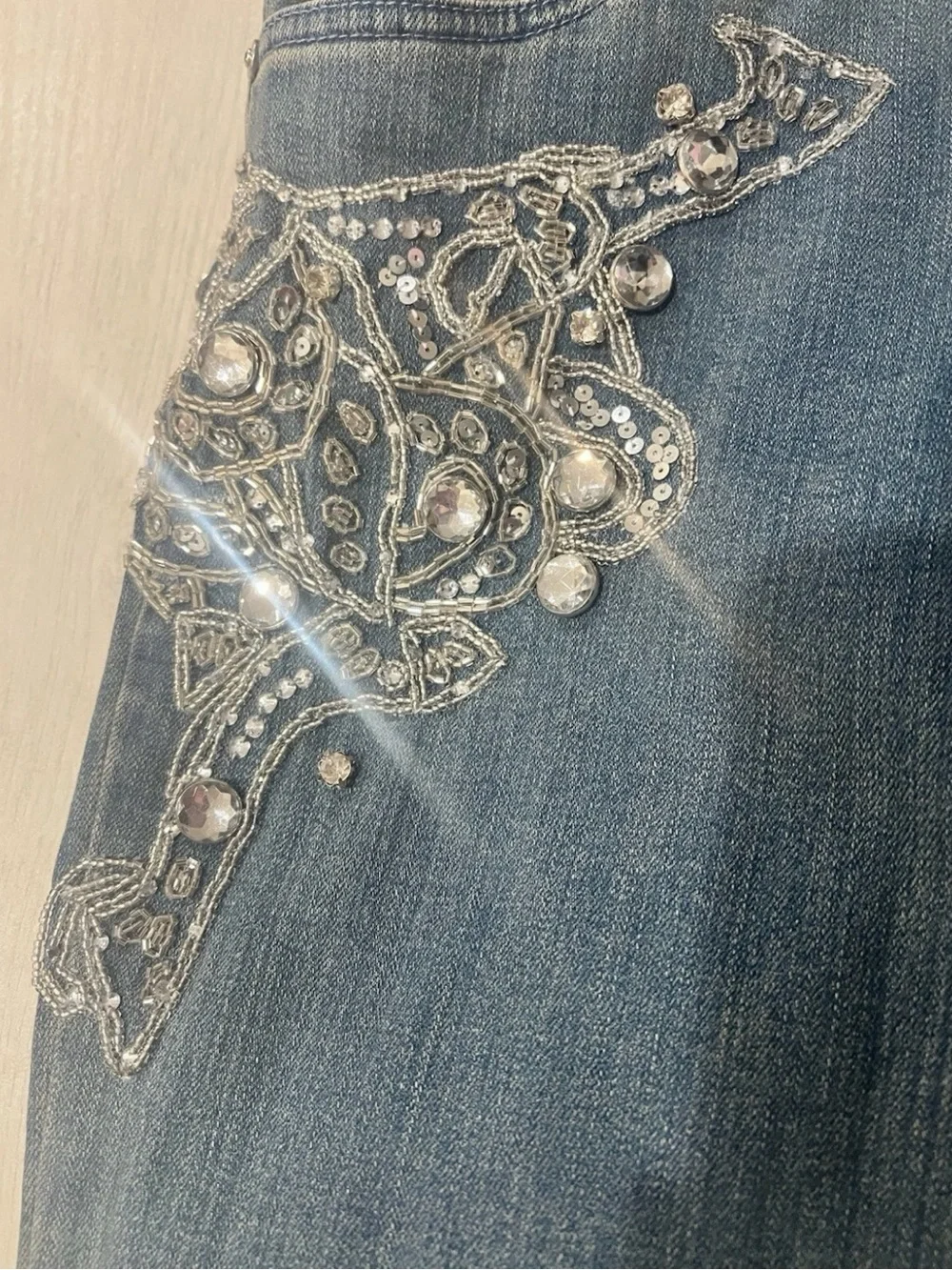 Vintage Cache Y2K Dark Blue Flared Jeans with Silver Rhinestone Embellishment
